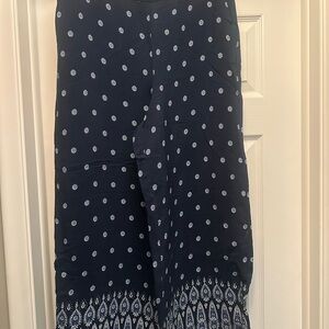 LOFT Dark Blue and White Embroidered wide leg cropped pants.